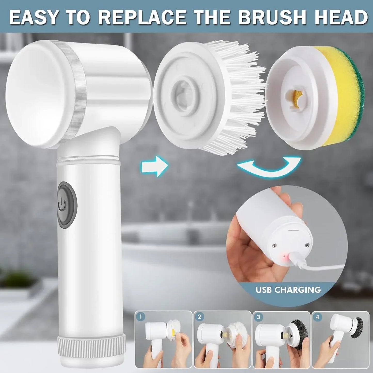 Nettoyeur électrique + 5 têtes de brosse interchangeables